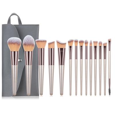 China Angular Blush Gold Professional Wood Handle Champagne Brush Set Makeup 14pcs Cosmetic Eye Brush Set With PU Bag for sale