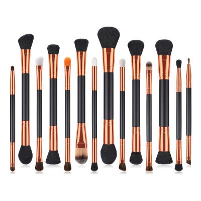 China Angular Blush Wholesale Professional 14pcs Double Head Makeup Brush Set Gold Black Makeup Brushes for sale