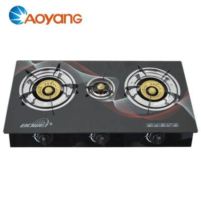 China Household Gas Stove For Cooking Custom Kitchen Glass Surface With 3 Cast Iron Burner for sale