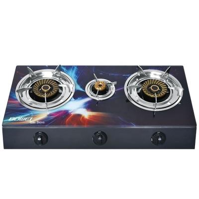 China Household 3D Top Gas Glass Cooker 0.45mm Stainless Steel Pan Support 3 Burner Brass Plated Gas Stove for sale