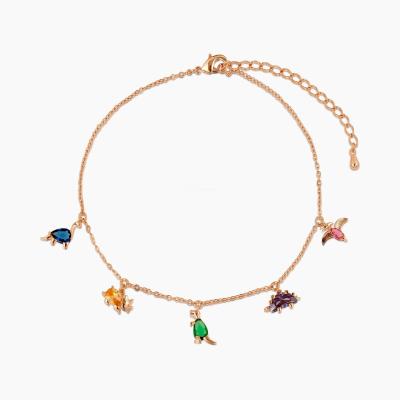 China New Style Cute Little Dinosaur Charms Bracelet Dinosaur Necklace 18K Colorful Gold Plated Real Zircon Dinosaur Anklet Jewelry for sale