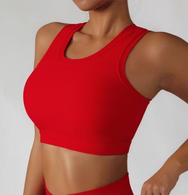 China Free Sample Breathable Sports Bra Shockproof Fitness Workout Running Crop Top Ribbed Stretch Gym Women Yoga Bra Tank Top for sale