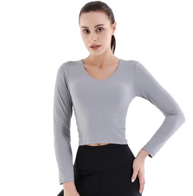 China Breathable Drop Shipping Women Long Sleeves Slim Sports Shirts Workout Top With Padded Gym Training Top Sports Shirts for sale