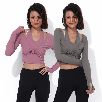 China Main 2022 Ribber Fabric Fashion Sport Crop Breathable Soft 2 In 1 Sexy Fitness Yoga Style Long Sleeve T-shirt Sportswear for sale