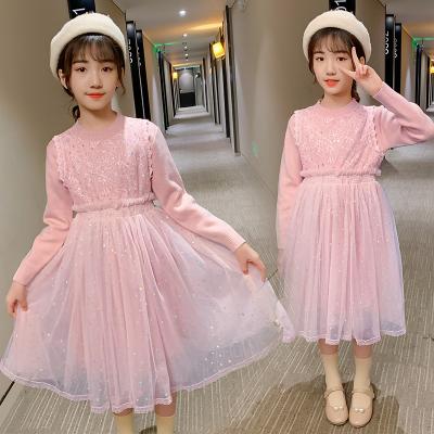 China Viable girls autumn and winter sweater princess dress new children lace up sequins to mesh woolen dress for sale