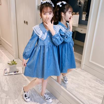 China Fashionable 2021 new autumn girls' spring mesh collar denim skirt and autumn middle and tall children's long sleeve for sale