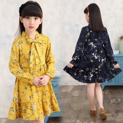 China Sweet Girls Dress Floral Chiffon Children's Long Sleeve Dress Long Sleeve Princess Style Western Skirt 4-12 Years Middle Kids for sale