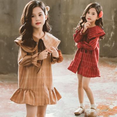 China New Factory Style Girls College Plaid Doll Collar Ruffle Dress Autumn Girls Long Sleeve Viable Spring Dress Wholesale for sale