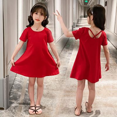 China Summer girls' bag summer girls' clothing viable children's dress fashionable casual dress t-shirt princess girls x-shaped collar dress for sale