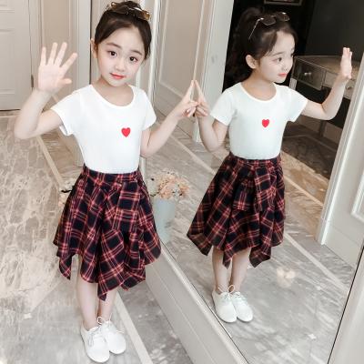 China 2021 Summer New Korean Style Girls' Love Short Sleeve Tartan Skirt Casual Children's Suit Sets Fashion Factory Wholesale for sale