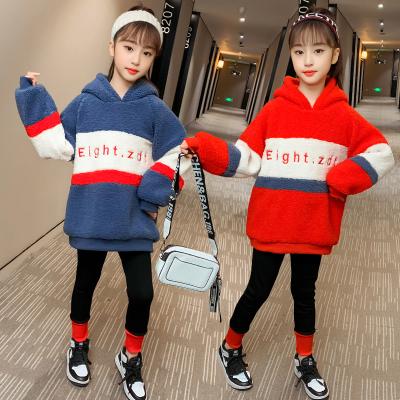 China Color Matching Furry Two-piece Set Of Fleece-Lined Children's Sweater New Fashionable Sports Autumn And Winter Casual Girls' Sweater Suit for sale