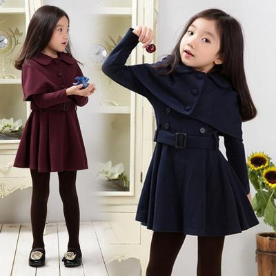 China Korean girls fashion style polyester fiber autumn and winter solid color suit spring middle and two-piece set of big kids cape woolen skirt for sale