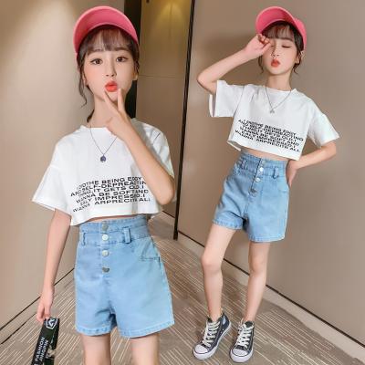 China Casual Kids Clothing Girls Summer Halter Denim Suit Short Sleeve Two Piece Sets for sale