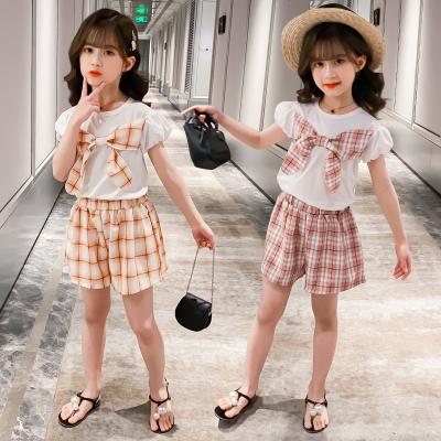 China New Children's Clothing Summer Casual Girls' Chest Bow Short Sleeve Plaid Shorts Cute Sets for sale