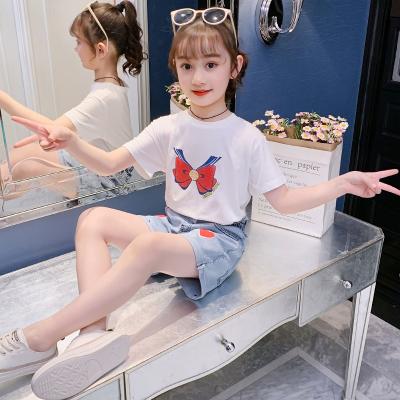 China Girls Summer Casual Sets Fashion New Little Girl T-shirt Denim Short Sleeve Shorts Two Piece Suit for sale