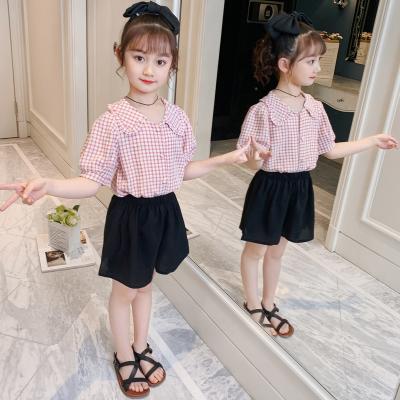 China Fashionable Children's Western Style Short Sleeve Shirt Sets New Summer Casual Girls' Plaid Shirt Sets for sale