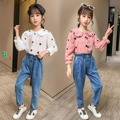 China 2022 New Spring Children's Casual Girls Sets Autumn Clothes Polka Dot Shirt Jeans Two-piece Suit for sale