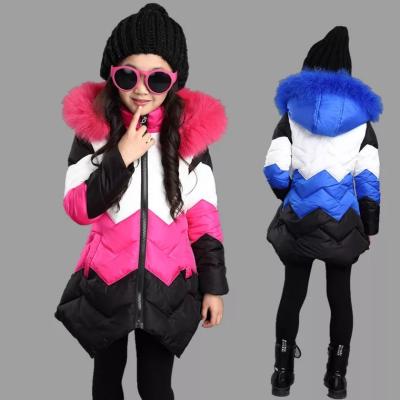 China Girls' winter clothing polyester fiber cotton-padded coat for medium and large children's hat hairy edge cotton-padded coat color matching for sale