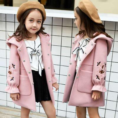 China Polyester/cotton embroidered hooded coat woolen autumn and winter girls' woolen coat middle and big kids thickened children's clothing for sale