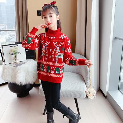 China Clothing Acrylic Elk Christmas Red Sweater Girls Thickened Winter New Year Children's Warm Pullover Sweater for sale