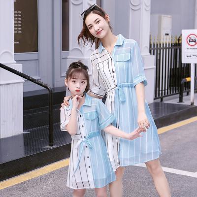 China Korean summer breathable 2022 new family clothing girls dress medium and large children's chiffon shirt striped skirt for sale