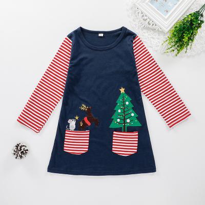 China Polyester/Cotton Kids Christmas Tree Girls Dress Border Warm Striped Round Collar Long Sleeves Long T-shirt Skirt Holiday Dress for sale