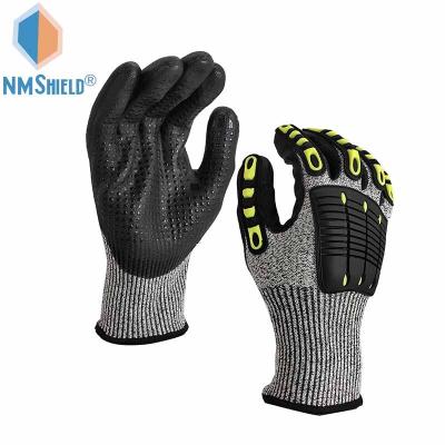 China Dexterity NMSHIELD Cut Resistant Foam Nitrile Dots On Palm Fiberglass HPPE Liner TPR Mechanic Impact Gloves for sale