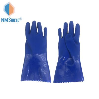 China Blue Cotton Anti-Slip Liner NMSHIELD PVC Coated Long Cuff Waterproof Fishing Gloves for sale