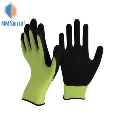 China Durability NMSHIELD EN388 2131X 13 Gauge Hi-Vis Yellow Nylon With Black Sponge Rubber Palm Coated Working Gloves for sale