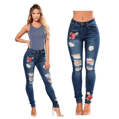 China Color Fade Proof Womens Plus Size High Rise Stretch Skinny Rocket Denim Pants Floral Embroidered Jeans Long for sale