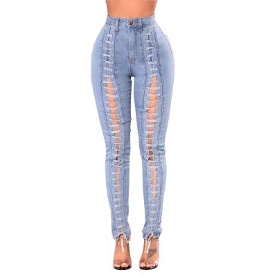 China Color Fade Proof Womens Hot Sell Distressed Hole Ripped Bandage Stretch Long Skinny Denim Pants Jeans for sale