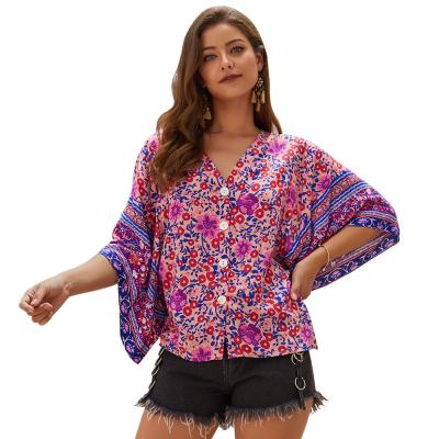 China New Arrival Women's Boho Anti-Pilling Long Casual Floral Print V-Neckline Long Sleeve Shirts Blouse for sale