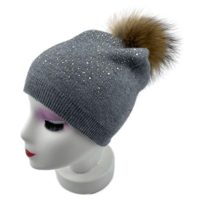 China Custom Shiny Rhinestone Drill Heat Transfer Autumn Winter Acrylic Knitted Beanie Warm Hat JOINT With Pom Pom for sale