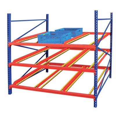 China Corrosion Protection Roller Shelf System Warehouse Storage Wheel Shelving Cardboard Flow Rack for sale