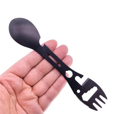 China Easy Carry 5 in 1 Multifunctional Outdoor Camping Stainless Steel Survival EDC Tool Knife Fork Spoon Bottle/Box Opener Eating Tools for sale