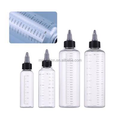 China Rotary opening to control flow rate compression dispensing line 30ml 50ml 60ml 80ml 100ml 120ml 150ml 180ml 250ml 4oz PET twist cap liquid measuring scale plastic bottle for sale