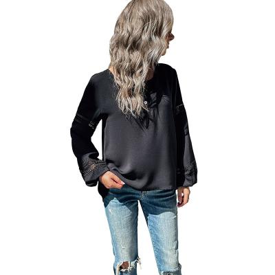 China 2022 Women's Anti-pilling Spring and Autumn New Lace Stitching Round Neck Solid Color Long-sleeved Black Shirt for sale