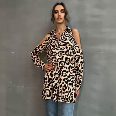 China 2022 Autumn new anti-pilling women's cardigan leopard print lapel hollow strapless long-sleeved shirt for sale