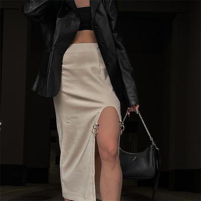 China New Product Viable Autumn Temperament High Waist High 2021 Split Chain Decoration Mid Length Skirt for sale