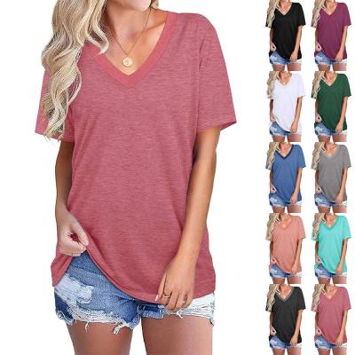 China Solid Color Upper Loose Ribbed V-Neck Girls and Women Fashion Viable Short Sleeve T-Shirt for sale