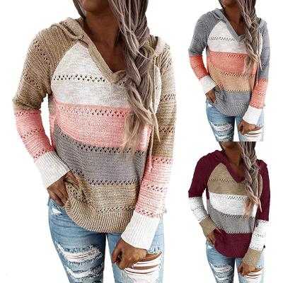 China 2021 Women's Long Sleeve Loose Color Striped Ladies Quilting Drawstring QUICK DRY Knitted Sweater for sale