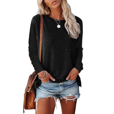 China 2021 Fashion Sustainable Women Wear Round Neck Pocket Split Long Sleeve Casual Loose Top Push Up T-Shirt for sale