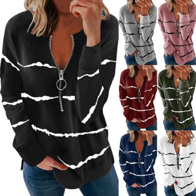 China 2021 Autumn QUICK DRY striped V-neck long zipper sheath loose women's T-shirt plus size sweatshirt for sale