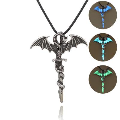 China Vintage Flying Dragon Vintage Pendant Necklace Women Luminous Jewelry Necklace For Men Glowing Light Up Necklace for sale