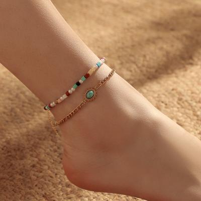 China New Arrival TRENDY Double Layer Pearl Irregular Color Beads Anklet Gold Chain 2pcs/set Foot Bracelet Anklets For Women for sale