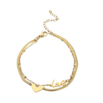 China 2021 New Fashion Trendy Snake Chain Double Layer Anklet Bracelets Love Heart Charms Gold Plated Stainless Steel Anklets For Women Gift for sale