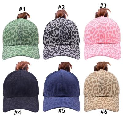 China Fashion JOINT Summer Sun Hat Women Tie Up Messy Adjustable Mesh Hollow Cross Ponytail Baseball Hat Leopard Bun for sale