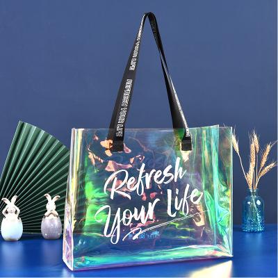 China Wholesale Custom Water Proof Beach Shopping Logo Fashion Letter Laser Shoulder PVC Holographic Women's Tote Bag for sale