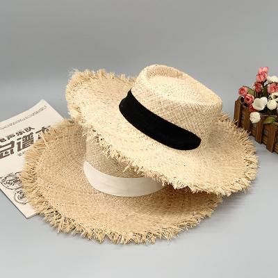 China Outdoor Displacement Flat Raffia Eco-Friendly Straw Hats Summer Sun Beach Hat Cap Natual Paper Panama Brim Women Raw Material Cowboy Wide Sliver Hats for sale