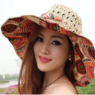 China Raw Material Fashion Eco-friendly Crochet Printing Beach Straw Hat Floral Straw Hat Summer Wide Brim Bowknot Beach Sun Umbrella Women Travel Hats for sale